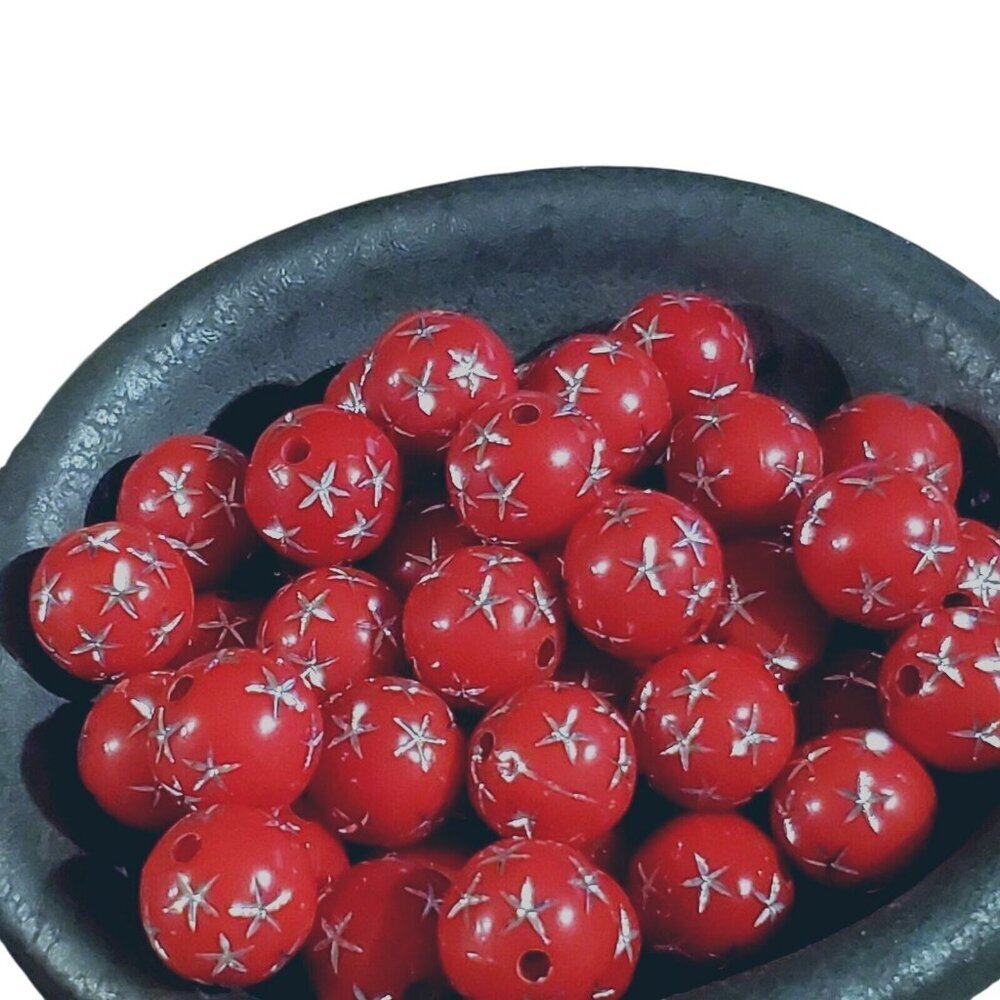 10 Vintage Retro Red & Silver Stars 12mm Round Acrylic Shabby Chic Beads